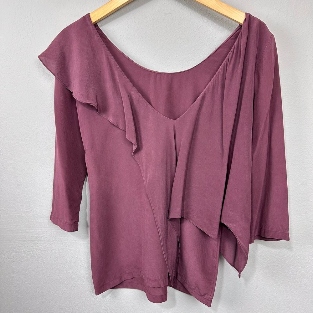 See by Chloe Silk Ruffle Blouse Size 2 Burgundy Asymmetric Romantic‎ Artsy FLAWS - Picture 14 of 16